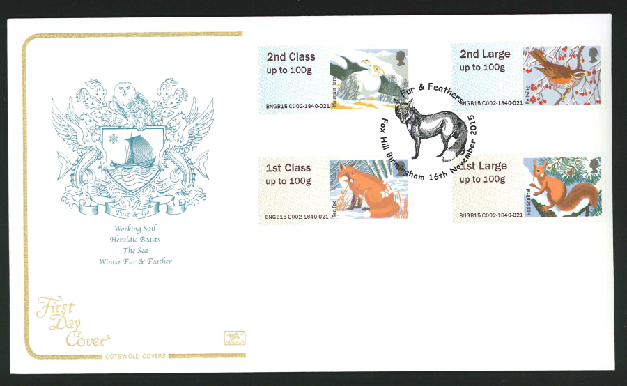 2015 Cotswold Fur & Feathers l Post & Go First Day Cover, Fox Hill Birmingham Postmark - Click Image to Close